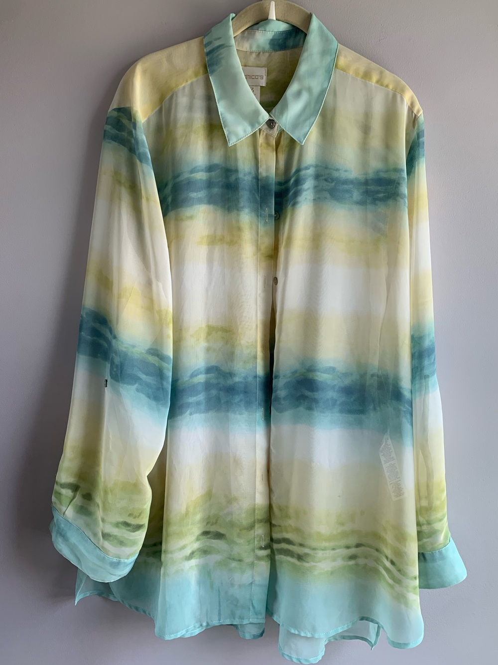 Chico's Shirt Semi Sheer Aqua Gold Ocean Watercolor Abstract Flowy Summer EUC XL